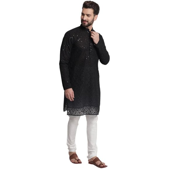 Black Floral Embroidered Chikankari Kurta Pyjama Set For Men - Picture 3 of 7